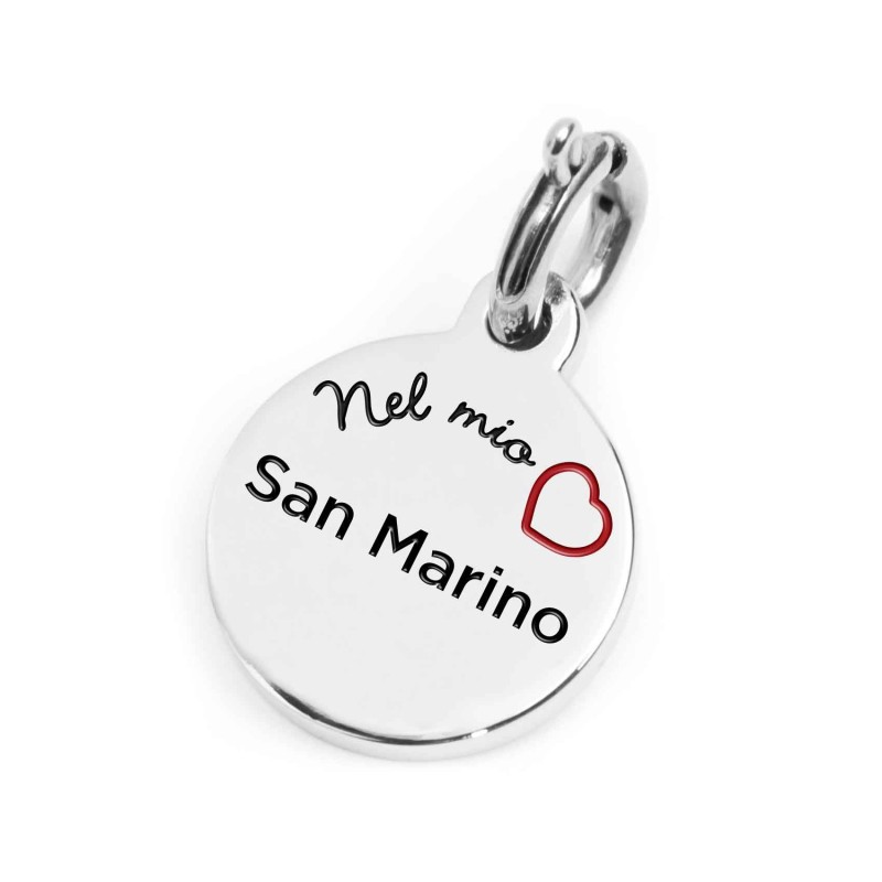 S.STEEL CHARM SAN MARINO S.steel round charm with San Marino city's symbols image, 14 mm diameter. On the front side lettering i