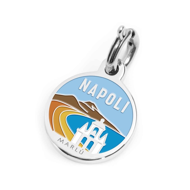 S.STEEL CHARM NAPOLI S.steel round charm with Napoli city's symbols image, 14 mm diameter. On the front side lettering in black