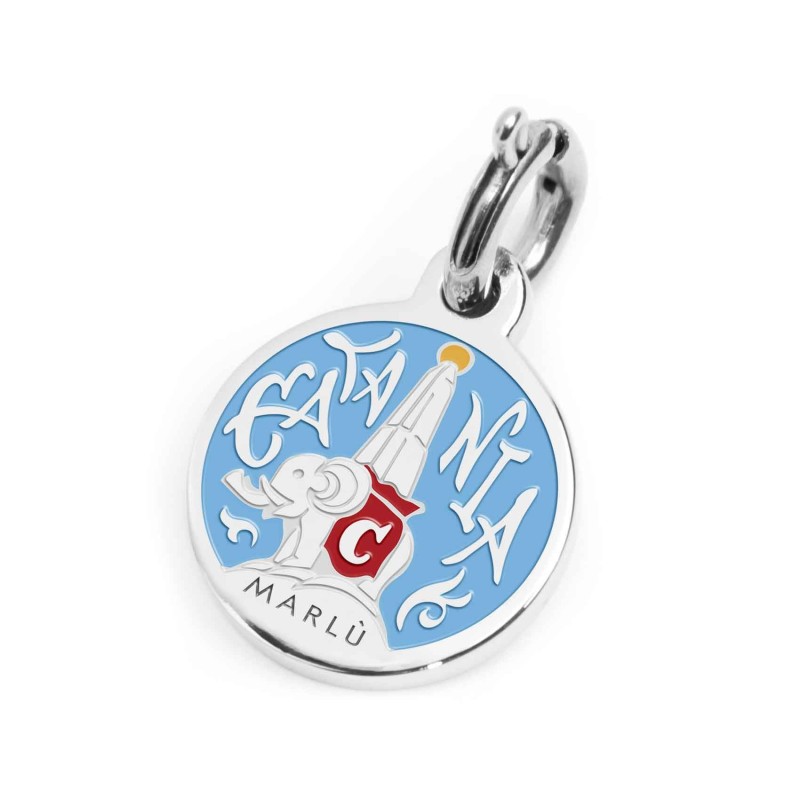 S.STEEL CHARM CATANIA S.steel round charm with Catania city's symbols image, 14 mm diameter. On the front side lettering in blac