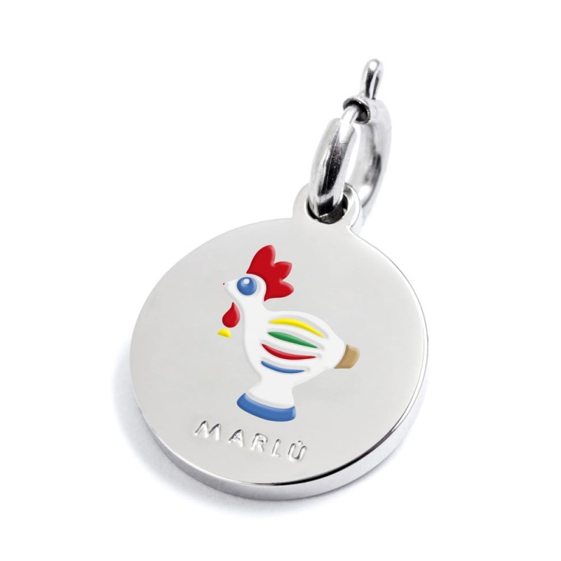 S.STEEL CHARM MATERA S.steel round charm with Matera city's symbols image, 14 mm diameter. On the front side lettering in black