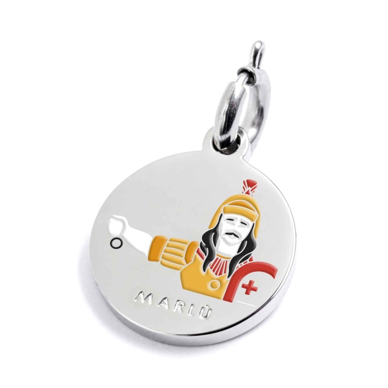 S.STEEL CHARM FOLIGNO S.steel round charm with Foligno city's symbols image, 14 mm diameter. On the front side lettering in blac