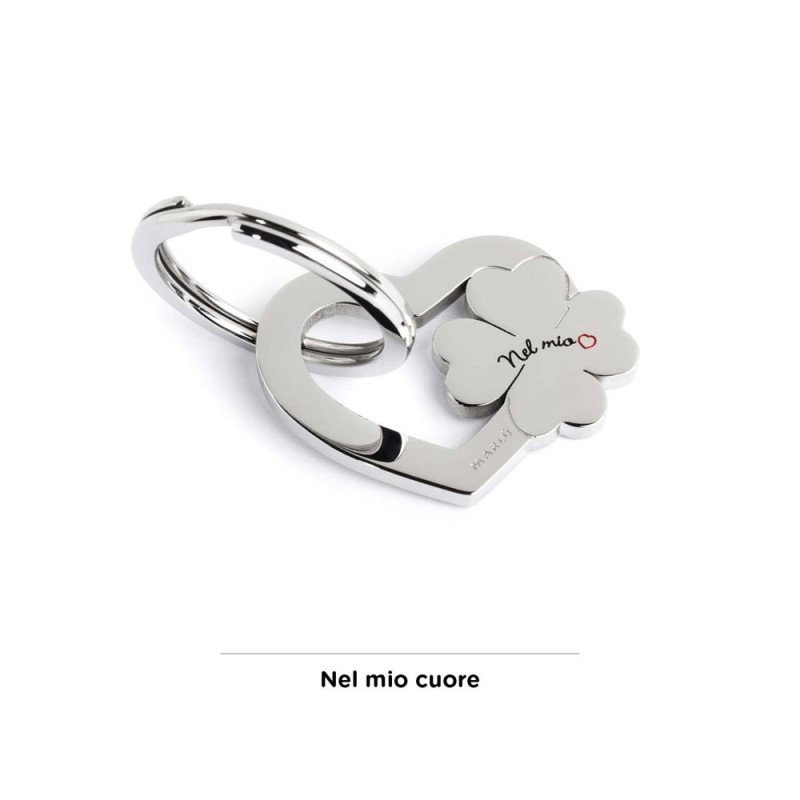 S.STEEL KEYRING WITH CLOVER S.Steel shape of heart keyring with four leef clover and writing "Per dirti ... che ti voglio un mon