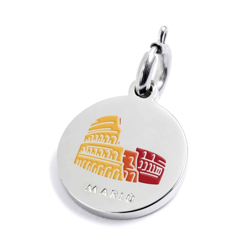 S.STEEL CHARM ROMA S.steel round charm with Roma city's symbols image, 14 mm diameter. On the front side lettering in black enam