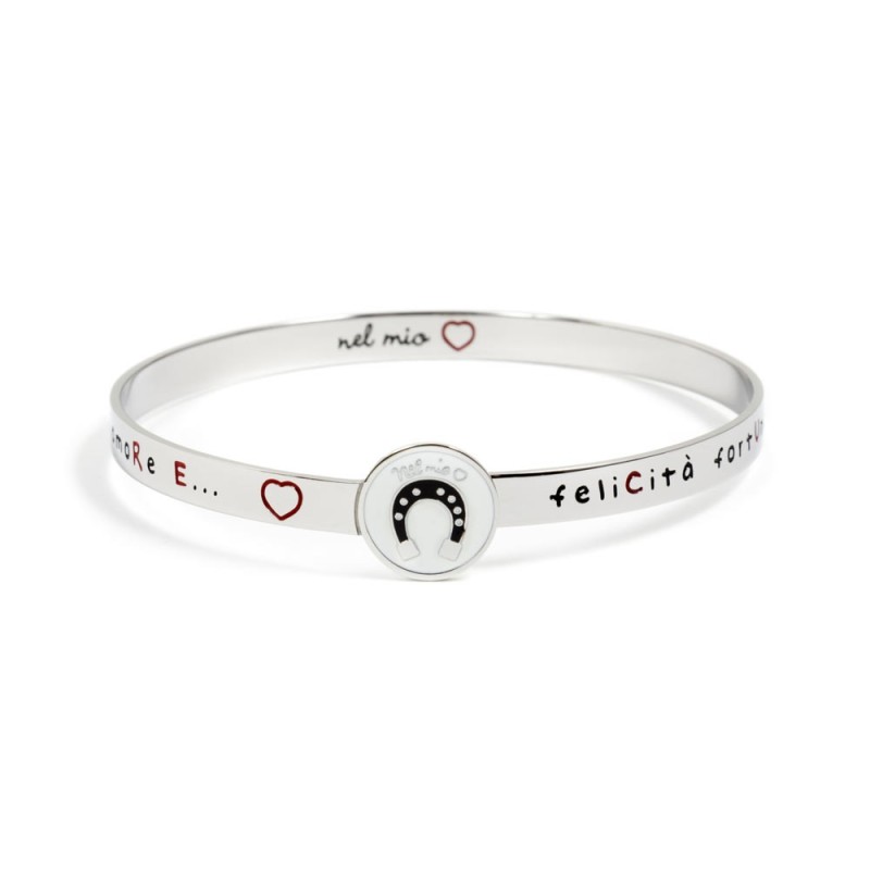 S.STEEL BANGLE HORSESHOE 316 s.steel round bangle with horseshoe and writing "felicitÃ  fortuna sogni amore eÂ…". Round lock dia