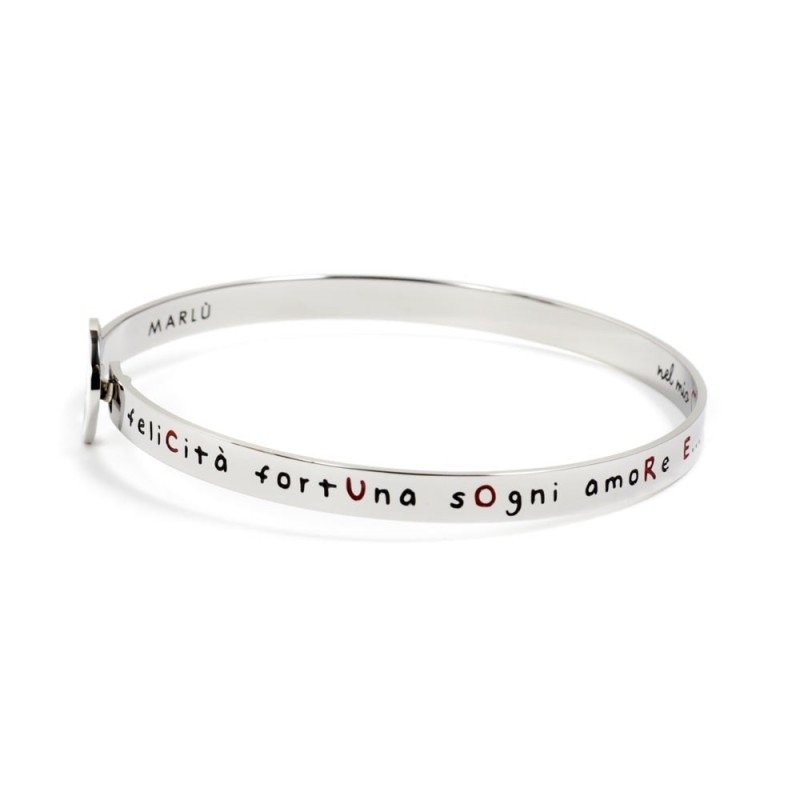 S.STEEL BANGLE HORSESHOE 316 s.steel round bangle with horseshoe and writing "felicitÃ  fortuna sogni amore eÂ…". Round lock dia