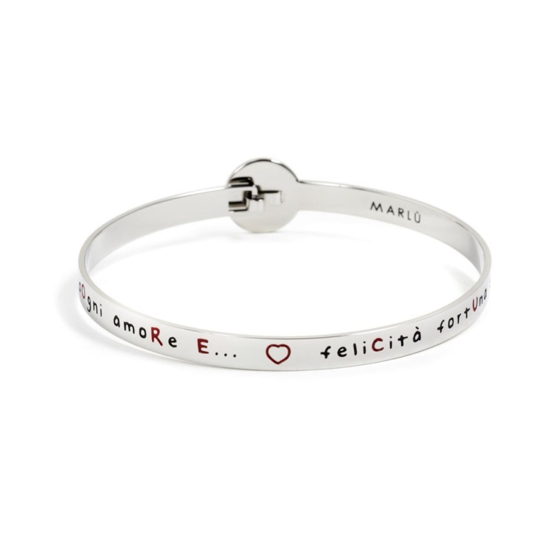 S.STEEL BANGLE HORSESHOE 316 s.steel round bangle with horseshoe and writing "felicitÃ  fortuna sogni amore eÂ…". Round lock dia