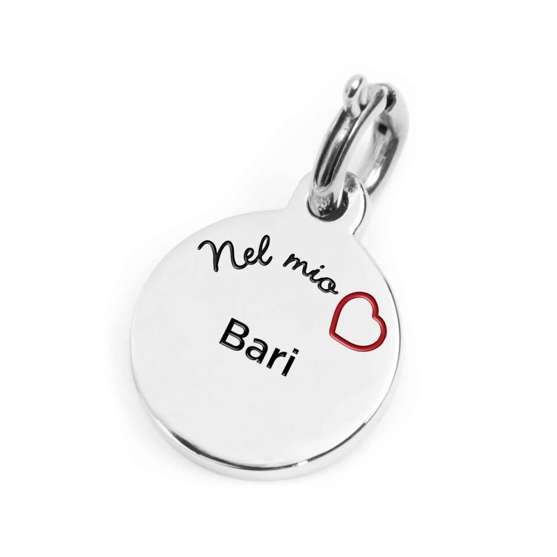 S.STEEL CHARM BARI S.steel charm with Bari city's symbols image, with 14 mm diameter. On the front side the city name and backgr