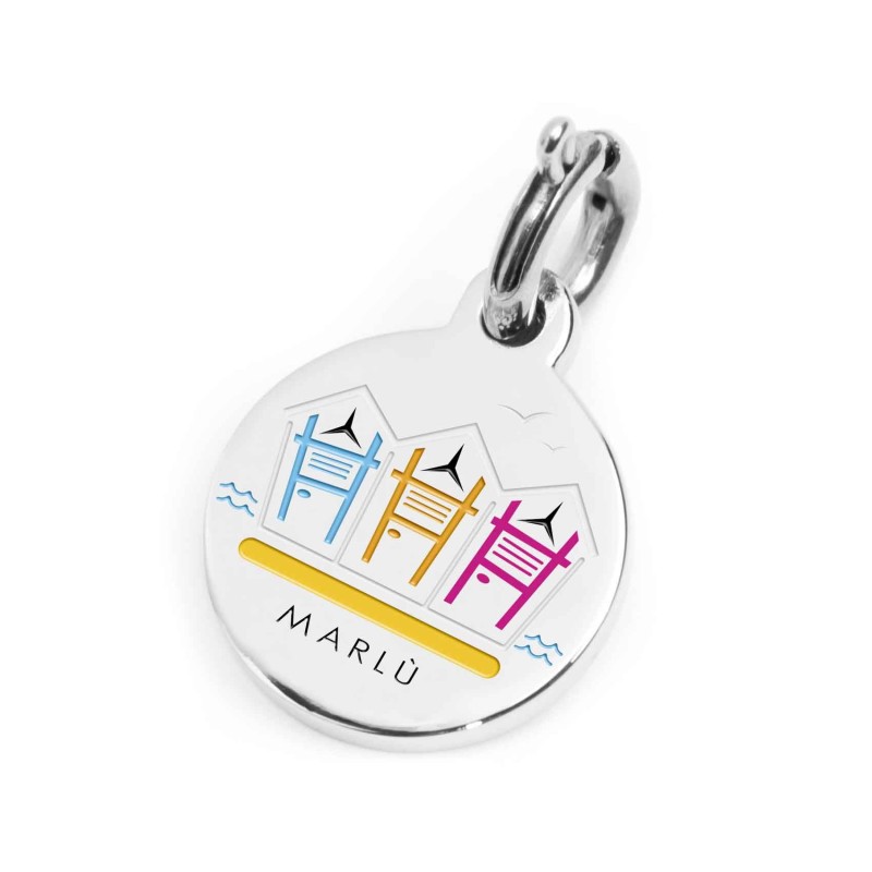 S.STEEL CHARM BELLARIA S.steel round charm with Bellaria city's symbols image, 14 mm diameter. On the front side lettering in bl