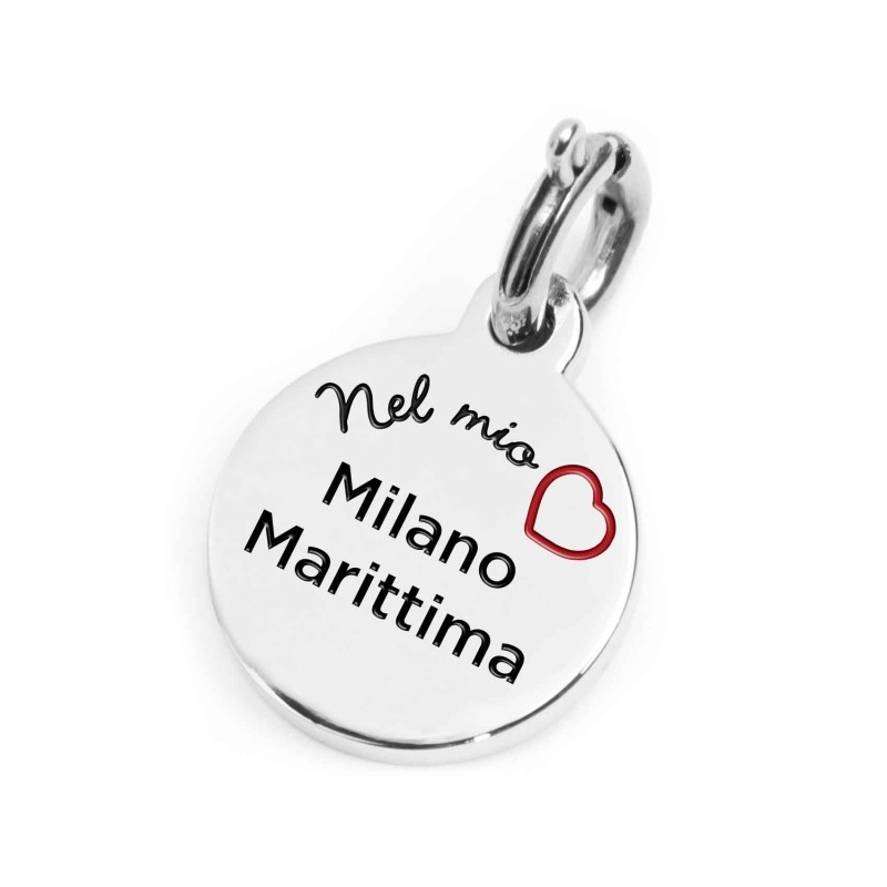 S.STEEL CHARM MILANO MARITTIMA S.steel round charm with Milano Marittima city's symbols image, 14 mm diameter. On the front side