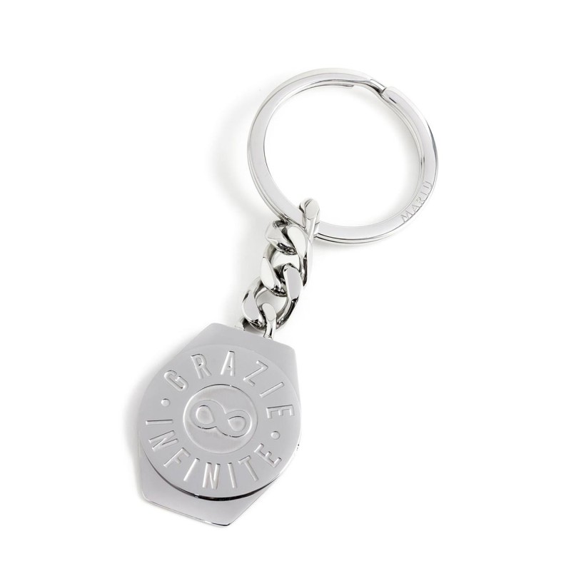 S.S. HESAGONAL KEYRING GRAZIE INFINITE S.steel keyring 30*24 mm, the pendant is hexagonal element where is weld a round medal, o