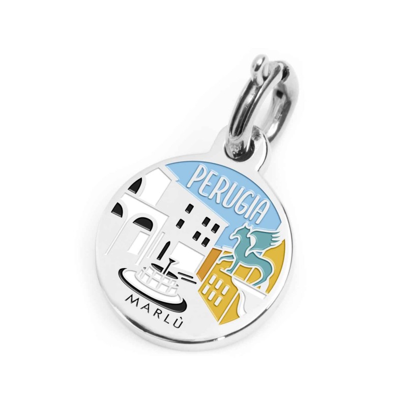 S.STEEL CHARM PERUGIA S.steel round charm with Perugia city's symbols image, 14 mm diameter. On the front side lettering in blac