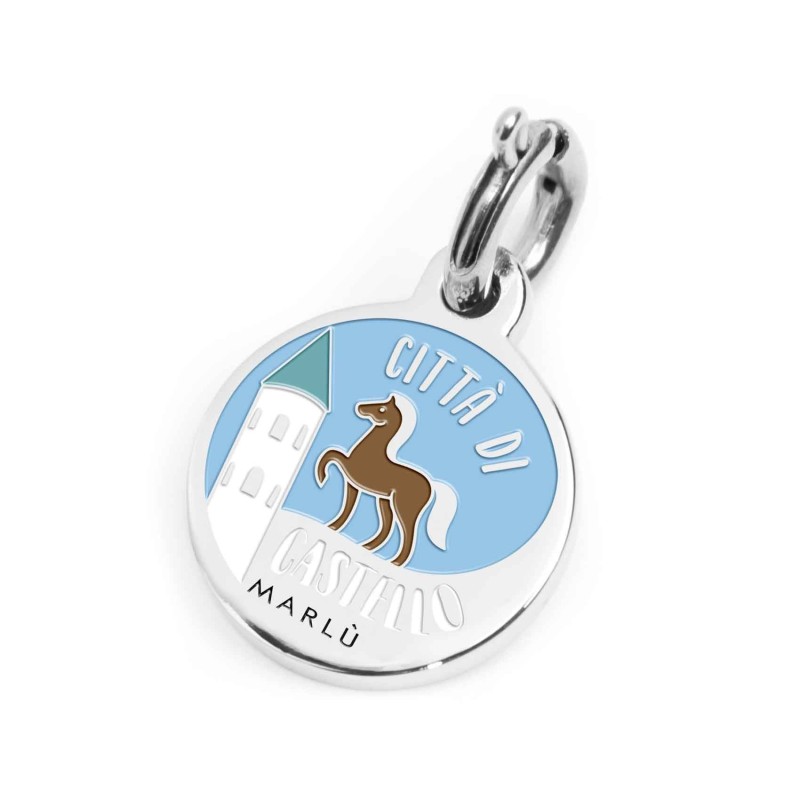 S.STEEL CHARM CITTA DI CASTELLO S.steel round charm with CittÃ  di Castello city's symbols image, 14 mm diameter. On the front s