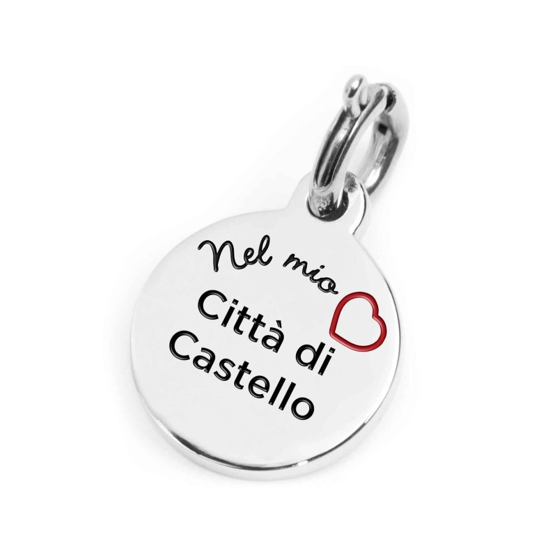 S.STEEL CHARM CITTA DI CASTELLO S.steel round charm with CittÃ  di Castello city's symbols image, 14 mm diameter. On the front s