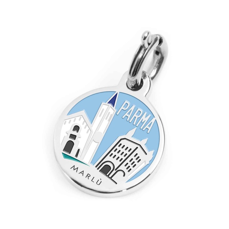 S.STEEL CHARM PARMA S.steel round charm with Parma city's symbols image, 14 mm diameter. On the front side lettering in black en