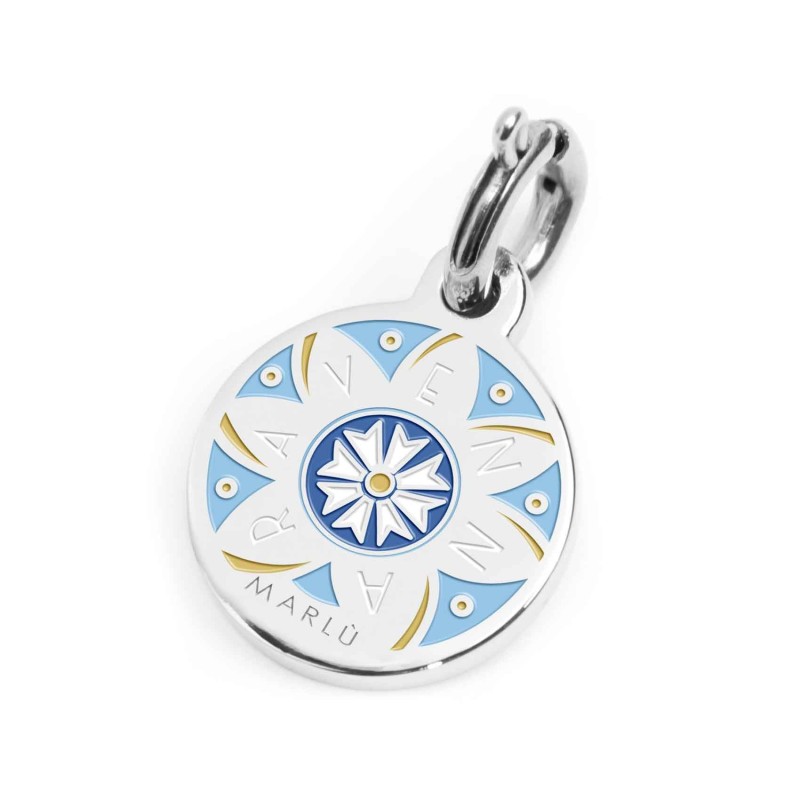 S.STEEL CHARM RAVENNA S.steel round charm with Ravenna city's symbols image, 14 mm diameter. On the front side lettering in blac