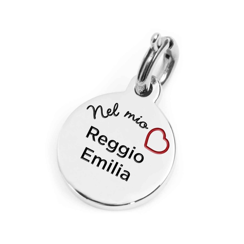 S.STEEL CHARM REGGIO EMILIA S.steel charm with Reggio Emilia city's symbols image, with 14 mm diameter. On the front side the wr