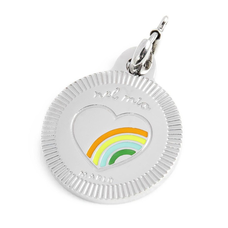 Charm tondo con cuore arcobaleno