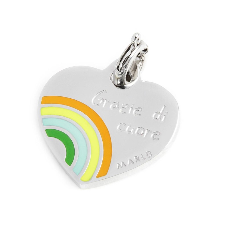 S.STEEL HEART CHARM 14MM WITH RAINBOW S.steel heart shape charm 14 mm diameter, 1.00 mm thickness, on the front side the engrave