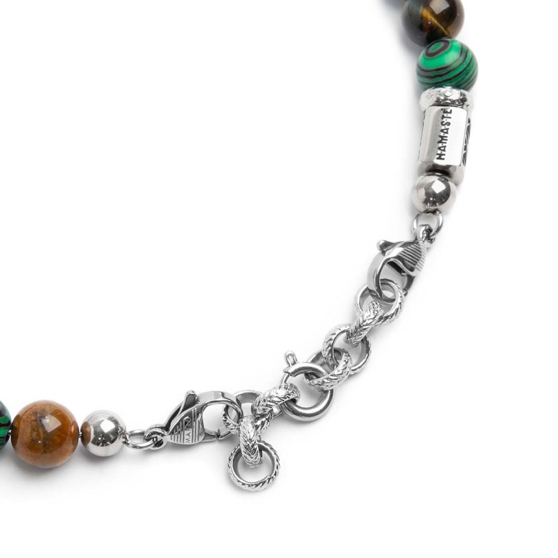 S.STEEL BR MALACHITE AND TIGER EYE SPHERES S.Steel bracelet with malachite spheres 8 mm diameter, alternated with tiger eye sphe