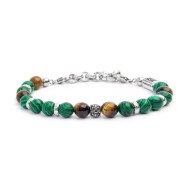 S.STEEL BR MALACHITE AND TIGER EYE SPHERES S.Steel bracelet with malachite spheres 8 mm diameter, alternated with tiger eye sphe