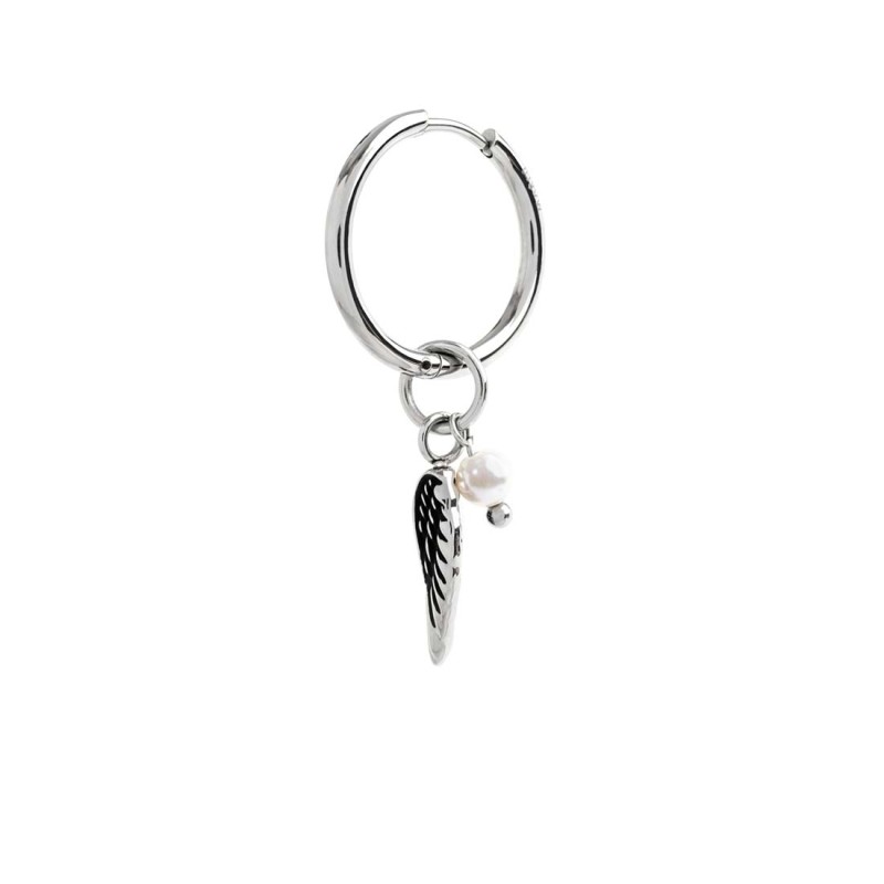 S.S SINGLE ROUND EAR WITH WING PENDANT S.steel single round earring 20 diameter 2 mm thickness, MarlÃ¹ lasered logo on the side