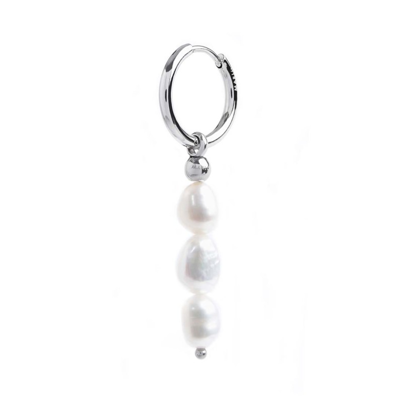 S.S SINGLE ROUND EAR WITH 3 PEND IRREGULAR PEARLS S.steel single round earring 16 mm diameter 2 mm thickness, MarlÃ¹ lasered log