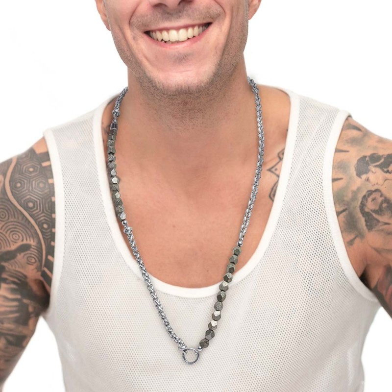 Collana pietre pirite e catena sonaglio e rolÃ²