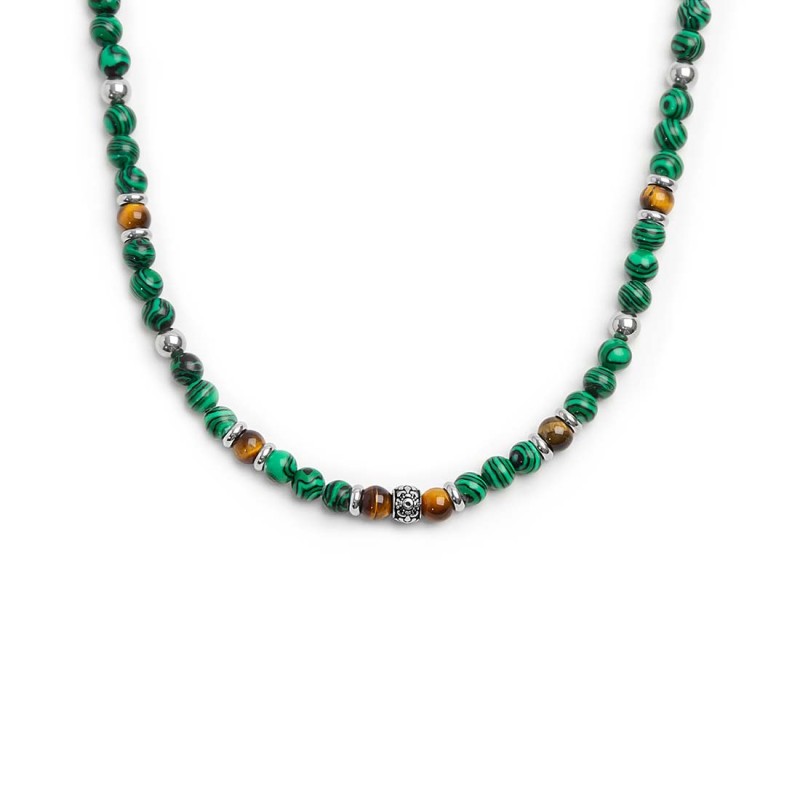 S.STEEL NECKLACE MALACHITE AND TIGER EYE SPHERES S.steel necklace with malachite spheres 6,20 mm diameter alternated with tiger