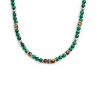 S.STEEL NECKLACE MALACHITE AND TIGER EYE SPHERES S.steel necklace with malachite spheres 6,20 mm diameter alternated with tiger