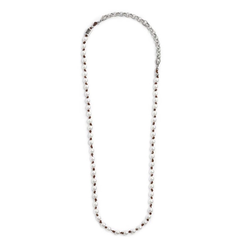 S.STEEL NECKLACE 800MM ROPE WITH PEARLS S.steel necklace with brown cotton rope 0,80 mm diameter with pearls 6,20 mm diameter. A