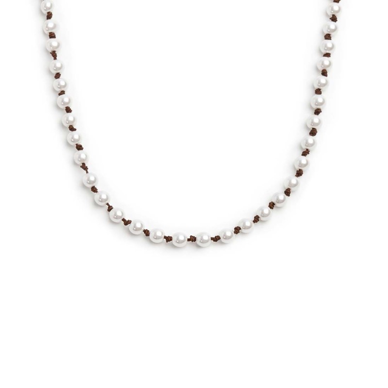 S.STEEL NECKLACE 800MM ROPE WITH PEARLS S.steel necklace with brown cotton rope 0,80 mm diameter with pearls 6,20 mm diameter. A
