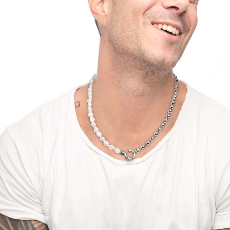 Collana perle fiume masticate con catena a sfere