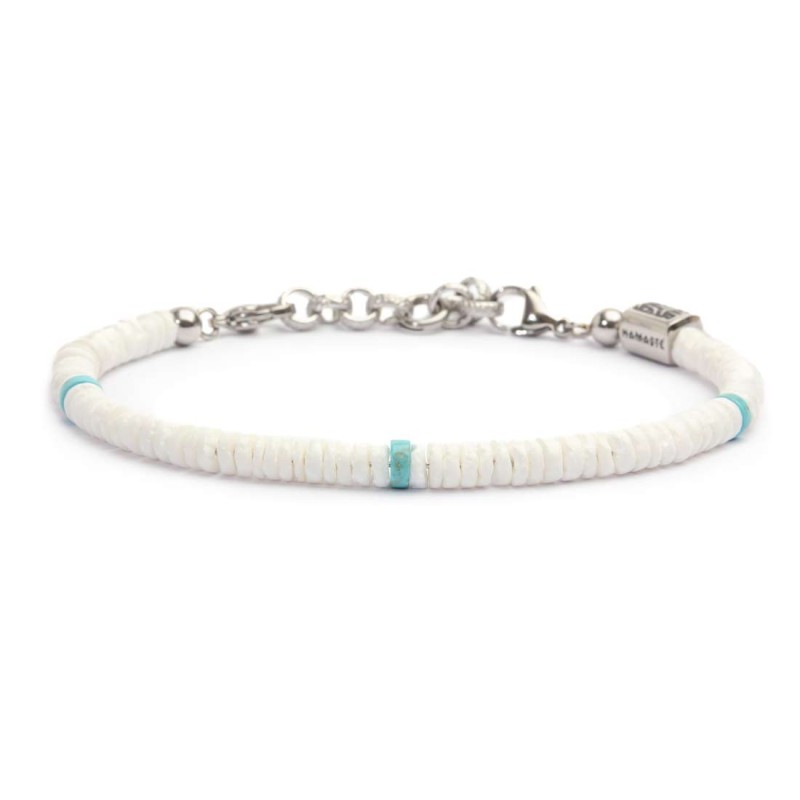 Bracciale con dischetti conchiglie bianche e turchesi