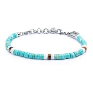 S.S. ANKLET TURQUOISE, TIGER  AND PUKA SHELL S.steel anklet box rounded chain, 0,60 mm thickness with turquoise beads 5/5,30 mm