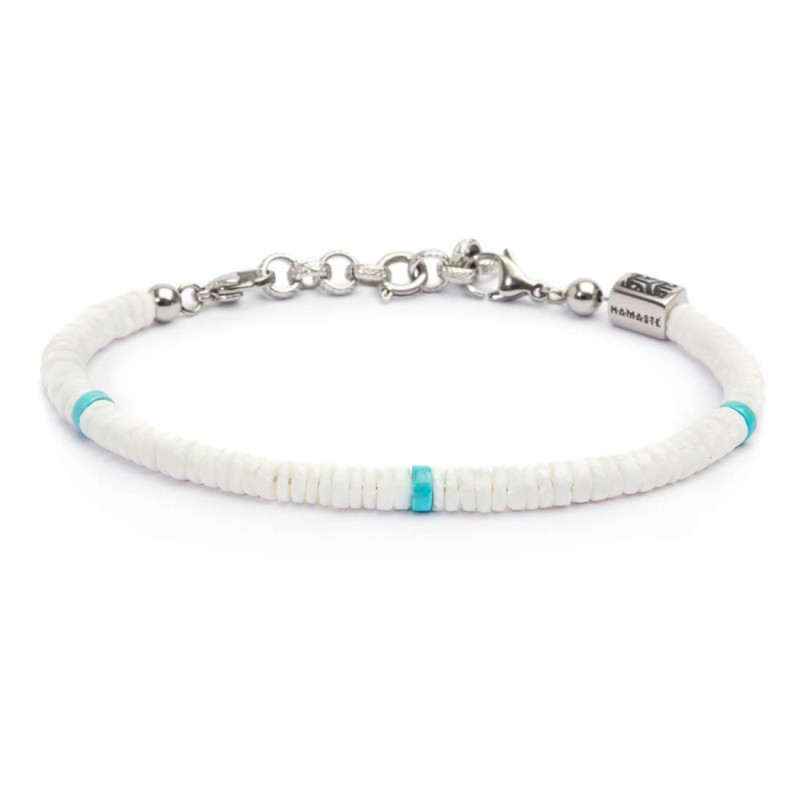 S.S. ANKLET WHITE PUKA SHELL AND TURQU STONE S.Steel anklet box rounded chain 0,60 mm thickness with white puka shell beads 5,30