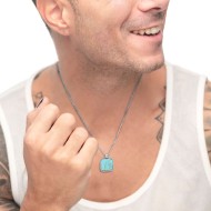 S.STEEL NECKLACE SQUARED TURQUOISE PENDANT S.steel necklace with grumetta chain 2,30 mm width and 1,30 thickness. Squared plate
