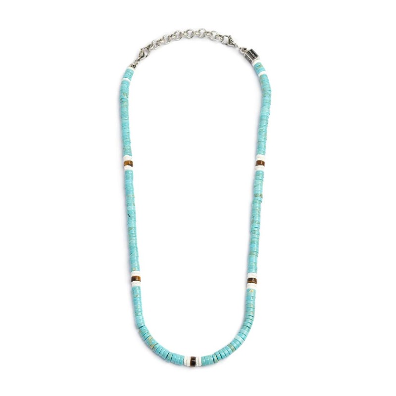 S.S. NECKLACE TURQUOISE, TIGER EYE AND PUKA SHELL S.Steel anklet box rounded chain, 0,60 mm thickness with turquoise stone beads