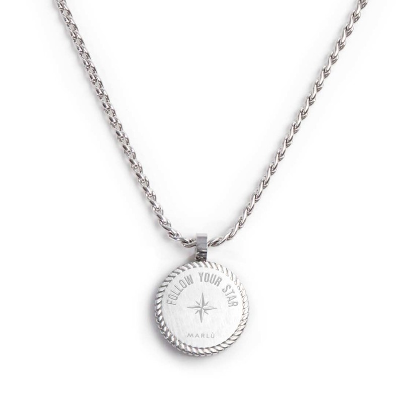 S.S. NECKLACE WITH TWISTED SERPENTINE CHAIN AND WIND ROSE PEND S.steel necklace with twisted round link serpentine chain 1,80 mm