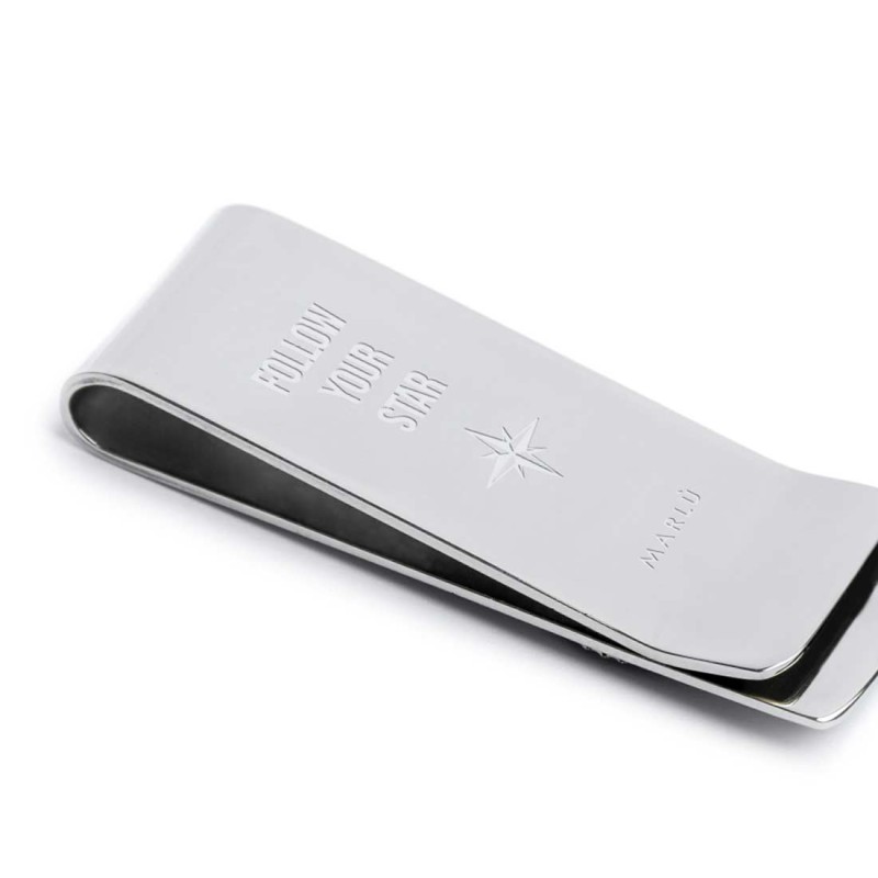 S.STEEL MONEY CLIP WIND ROSE S.steel money clip 51,90 mm*18,40 mm size, with wind rose 17 mm diameter by stamping with mat black