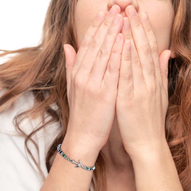 S.S BRACELET WITH ANCHOR MALACHITE BLACK ONYX AND HEMATITE S.steel bracelet alternated with malachite cylinder beads 4*2 mm, hem
