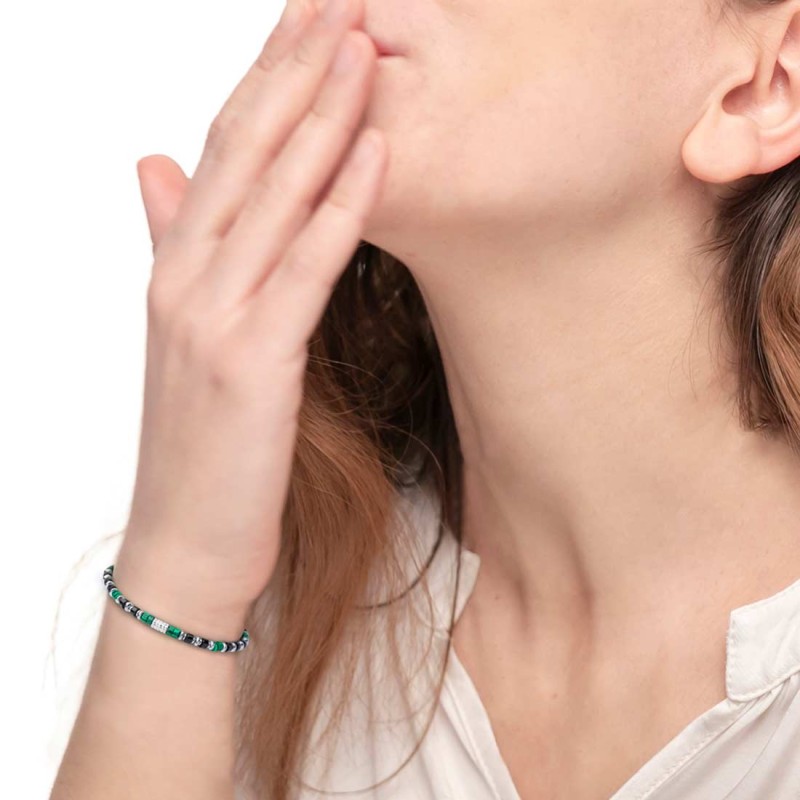 Bracciale con rondelle in malachite ed onice nera e cilindro diamantato
