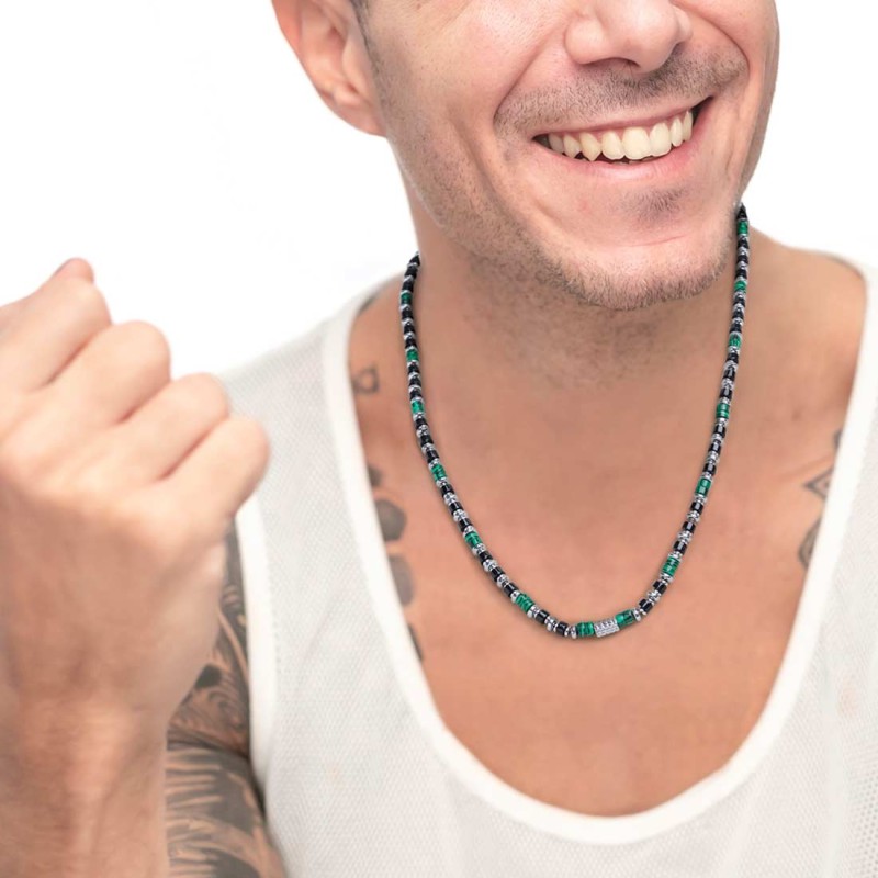 S.STEEL NECKLACE WITH MALACHITE BLACK ONYX AND HEMATITE S.steel necklace alternated with two malachite cylinder beads 4*2 mm, he