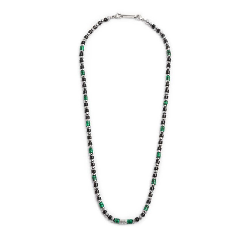 S.STEEL NECKLACE WITH MALACHITE BLACK ONYX AND HEMATITE S.steel necklace alternated with two malachite cylinder beads 4*2 mm, he