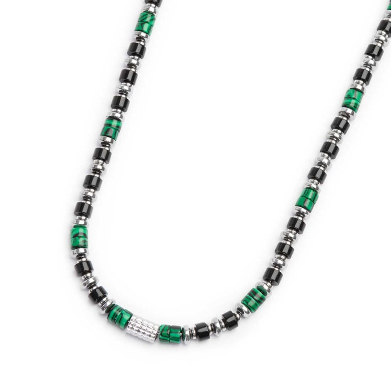 Collana con rondelle in malachite ed onice nera elementi in ematite