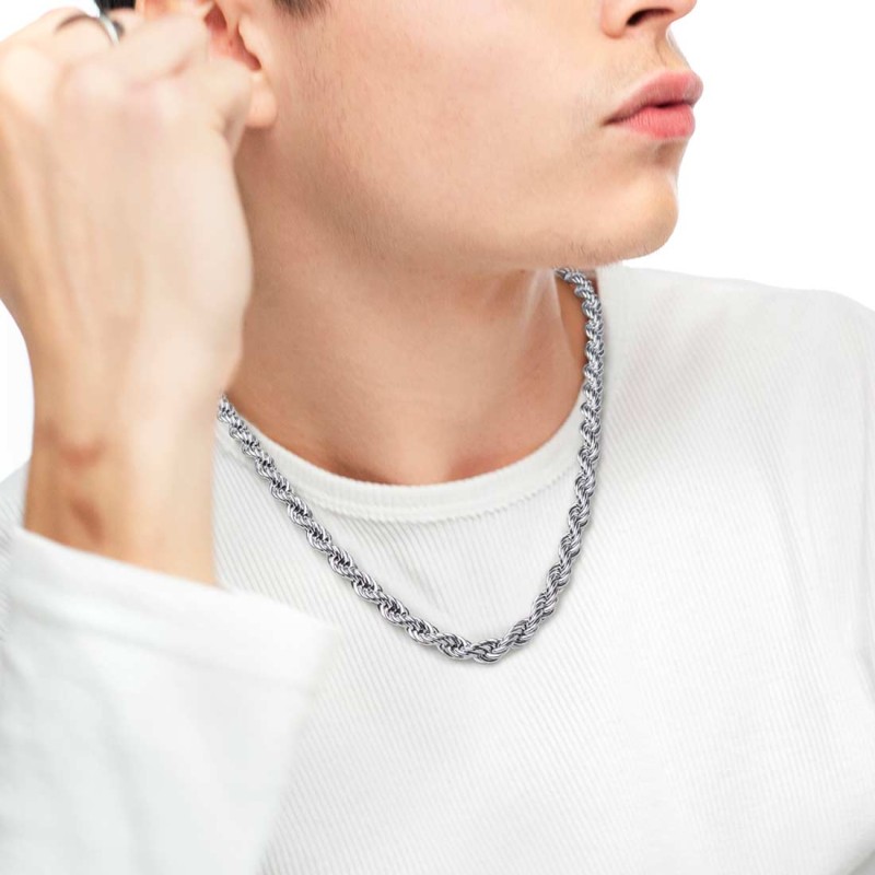 S.S. NECKLACE WITH ROPE CHAIN S.steel necklace with rope chain 6,80 mm thickness. On both ends, element with three twisted wire