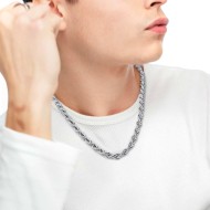 S.S. NECKLACE WITH ROPE CHAIN S.steel necklace with rope chain 6,80 mm thickness. On both ends, element with three twisted wire