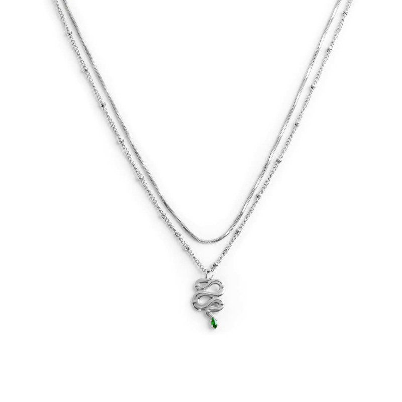 Collana doppia catena snake quadrata con serpente pendente