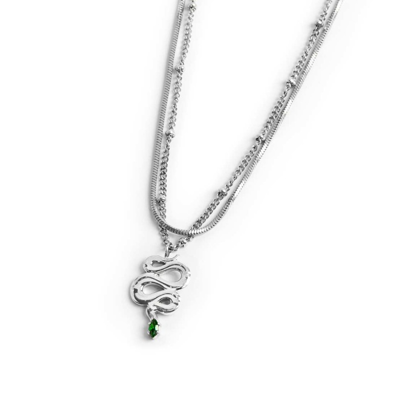 Collana doppia catena snake quadrata con serpente pendente