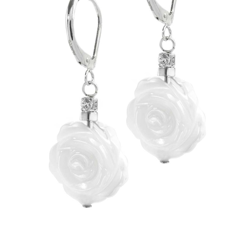 S.S. EARRINGS PAIR WITH MOP ROSE SHAPE PEND S.steel earrings pair lever back closure size 12,70*9,90 mm, 1 mm thickness with on