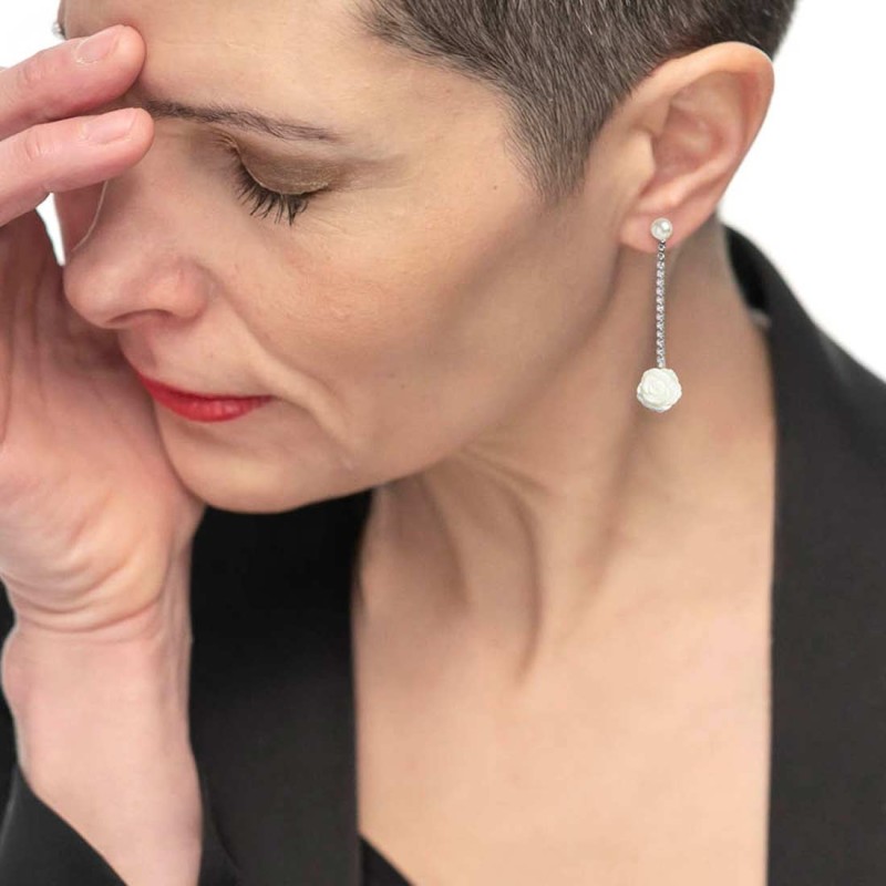 S.S. EARRINGS PAIR TENNIS CHAIN WITH MOP ROSE SHAPE PEND S.steel earrings pair with tennis chain with 2,10/2,20 mm white cz ston